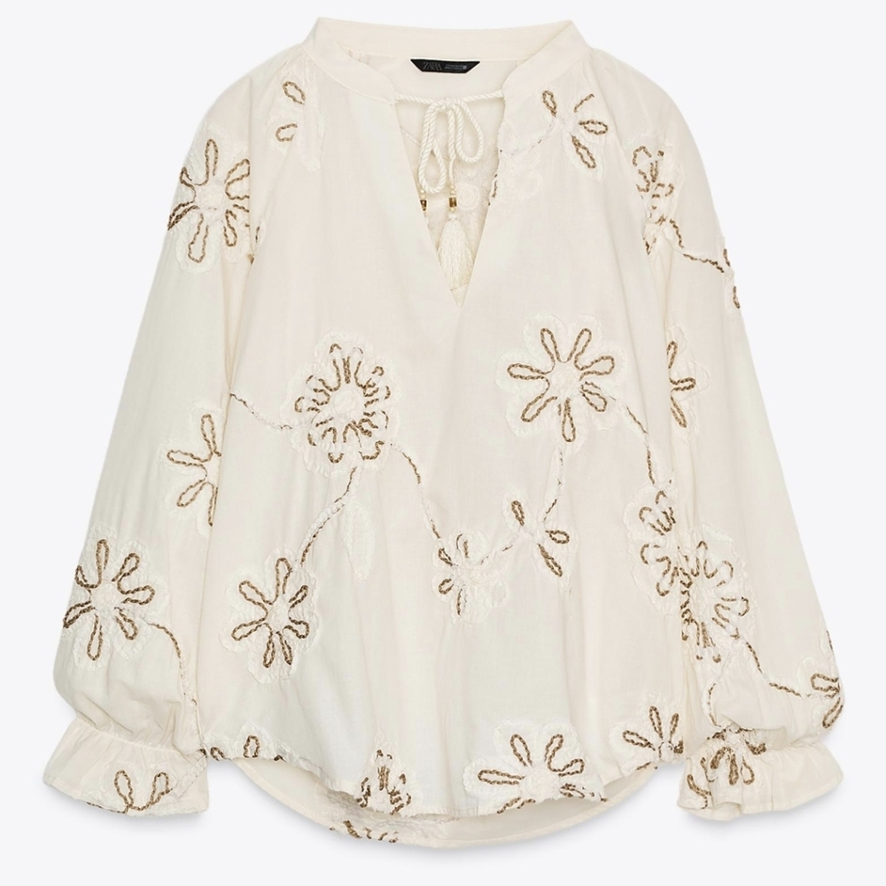 Zara TEXTURED EMBROIDERED BLOUSE(M)